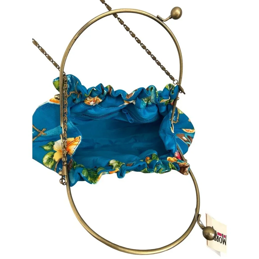 Morrieg Tropical Print Metal Frame Chain Strap Blue Floral Cocktail Design Bag - Picture 3 of 8